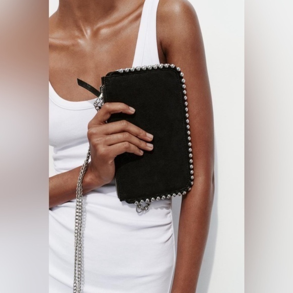 ZARA STUDDED CROSSBODY WALLET BAG black and silver